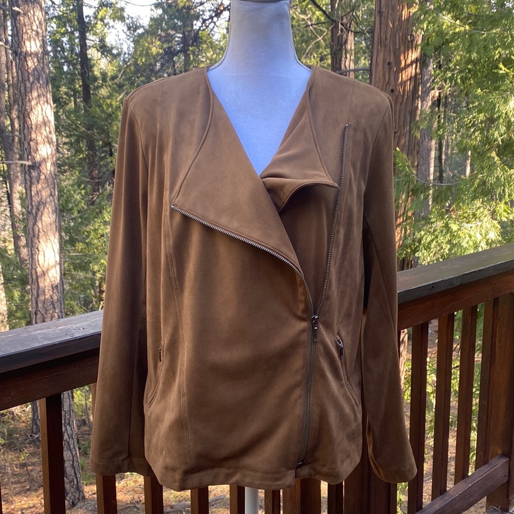 J Jill  Acorn Brown Ultra Soft Faux Suede Moto Zip Jacket Petite L - Picture 6 of 15